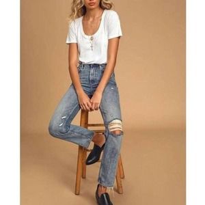 Free People Jeans 24 Blue Acid Denim Dakota Straight Leg High Rise Distressed